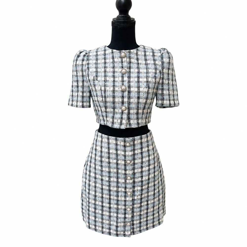 Serenette Tweed Plaid 2 Piece Skirt Set Womens 4 Blue White EUC Pearl Button